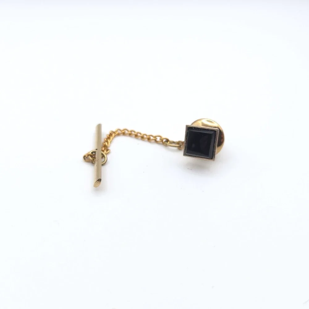Vintage Gold Tone Square Black Stone Tie Tack with Chain and T-Bar Accessory
